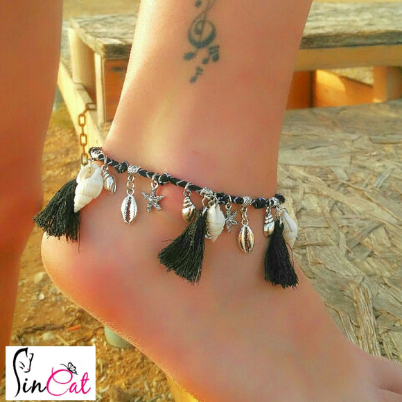 Hand made black chain shell anklet