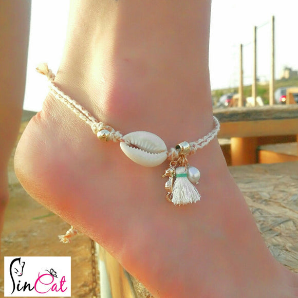Shell water pearl beige rope anklet