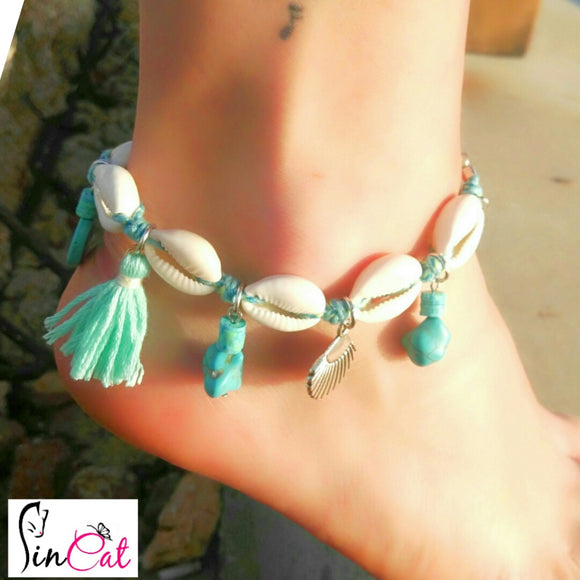 Hand made blue chain shell anklet