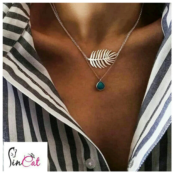 Multilayer feather blue stone necklace