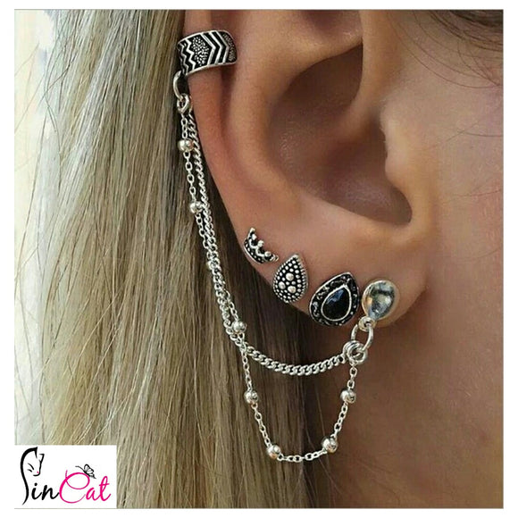Earrings set chain ear cuff crown droplet