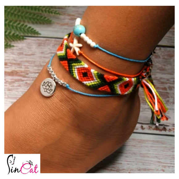 Handmade orange weave boho lotus anklet set