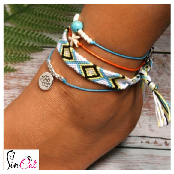 Handmade blue weave boho lotus anklet set