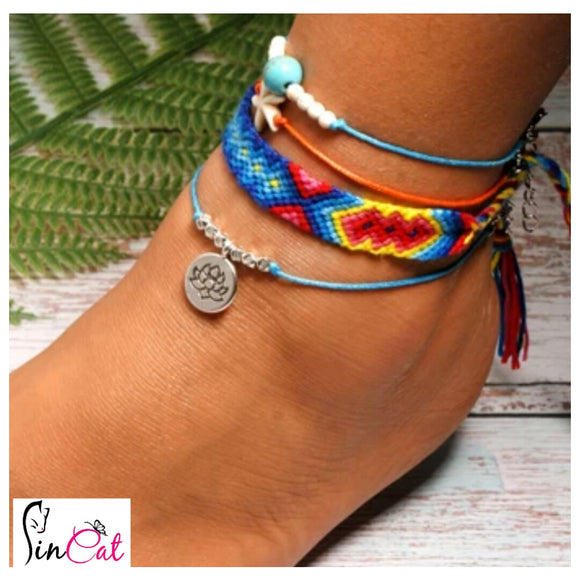 Handmade pink weave boho lotus anklet set