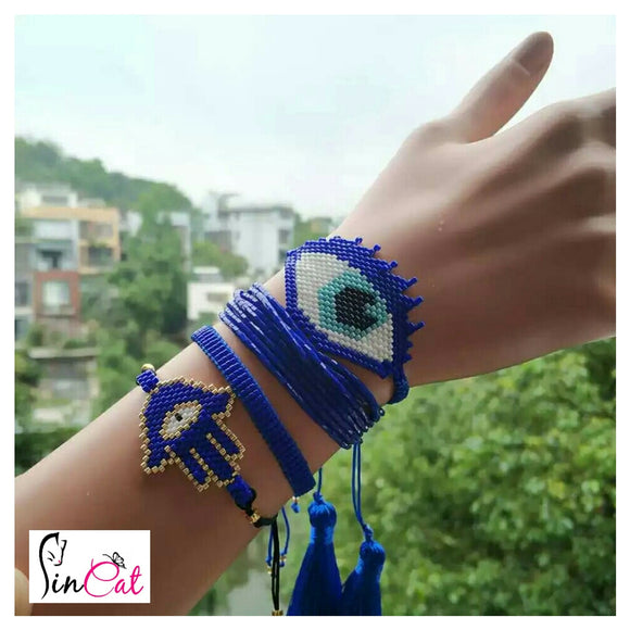 Hands of Fatma evil eye handmade blue beads set of bracelets