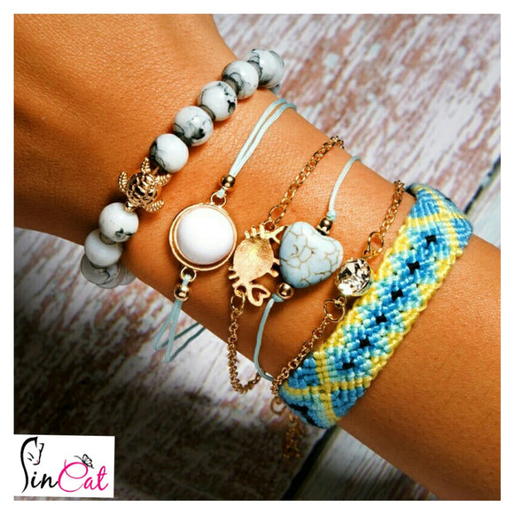 Yellow gray beads crab handmade rope boho set of bracelets