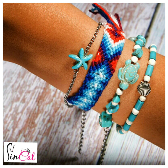 Blue beads turtle starfish handmade rope boho set of bracelets