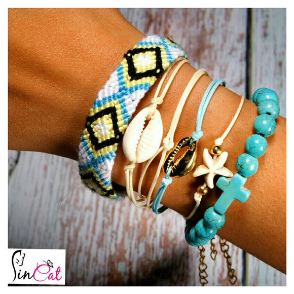 Blue white shell cross handmade rope boho set of bracelets