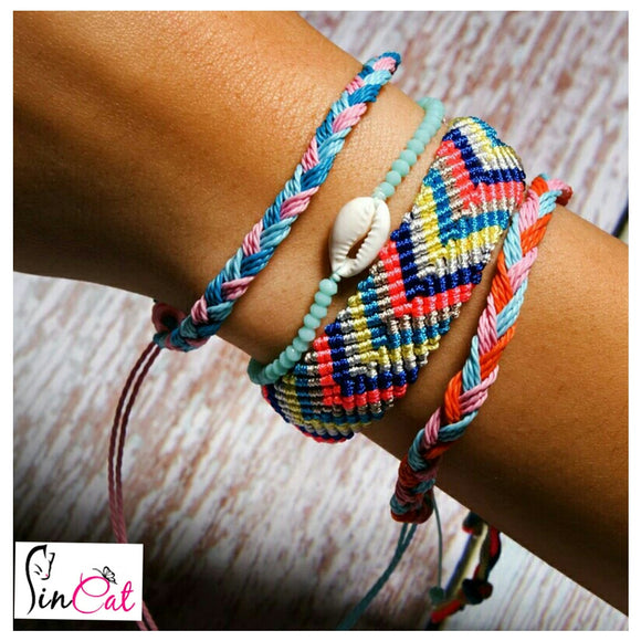 Blue pink shell handmade rope boho set of bracelets