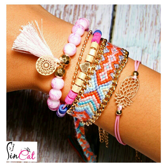 Pink handmade rope boho pineapple set of bracelets
