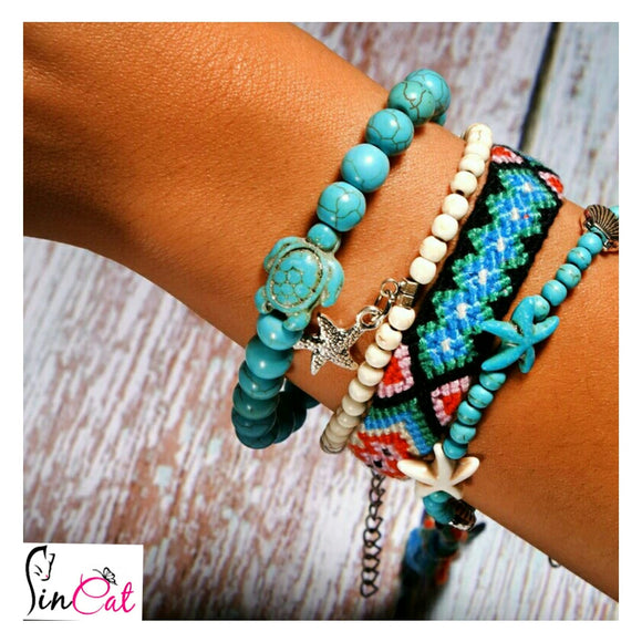 Blue handmade turtle beads boho set of bracelets