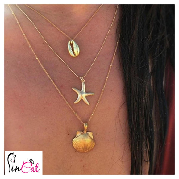 Multilayer golden necklace shell starfish