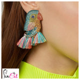 Colorful glass bird shining fringed earrings