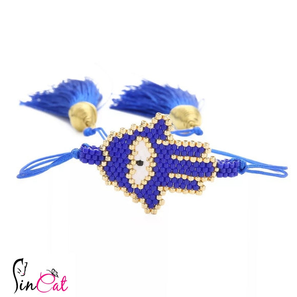 Blue hamsa hand of Fatma handmade miyuki beads bracelet