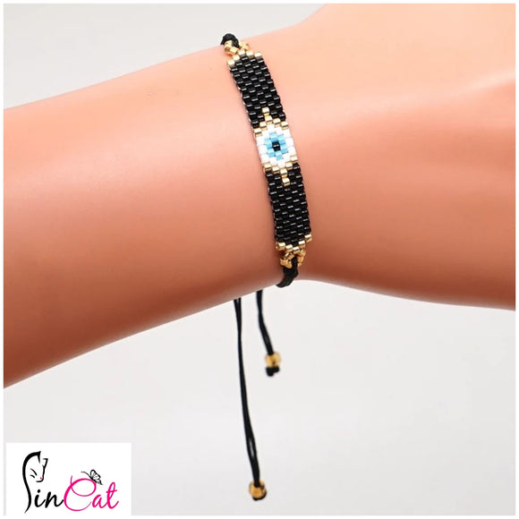 rectangular black evil eye handmade miyuki beads bracelet