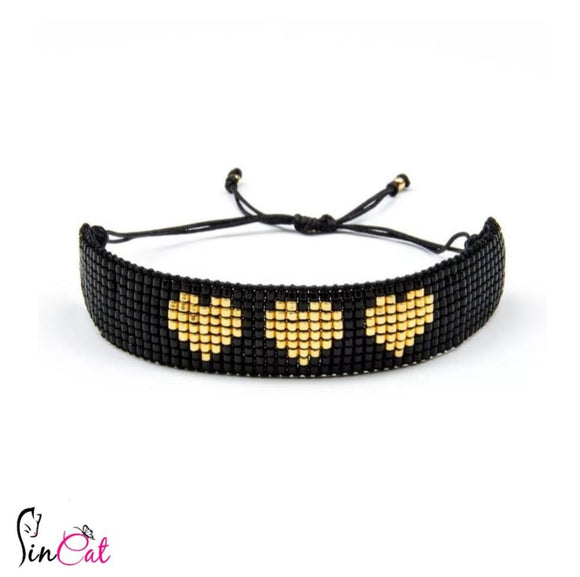 Gold hearts black handmade miyuki beaded bracelet