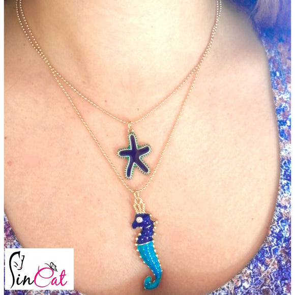 Seahorse starfish double layer necklace