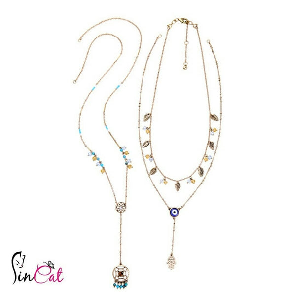 Set of 3 hamsa necklace antique gold plated