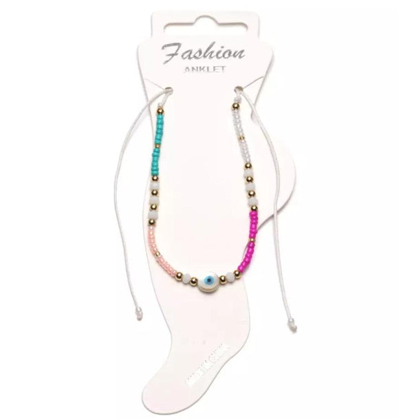 white shells round evil eye seed beads anklet