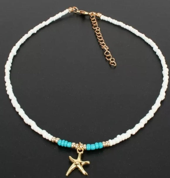 boho ethnic handmade seed beads necklace white with star