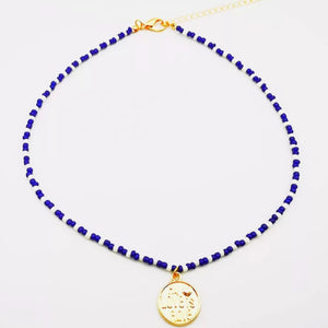 boho ethnic handmade seed beads necklace navy round pendant
