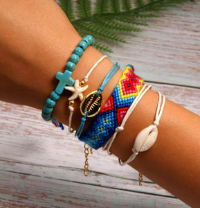 Blue red shell title beads cross handmade rope boho set of bracelets