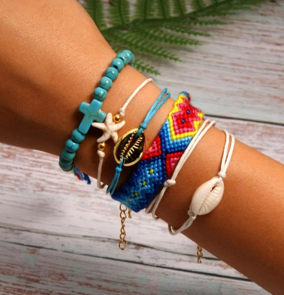 Blue red shell title beads cross handmade rope boho set of bracelets