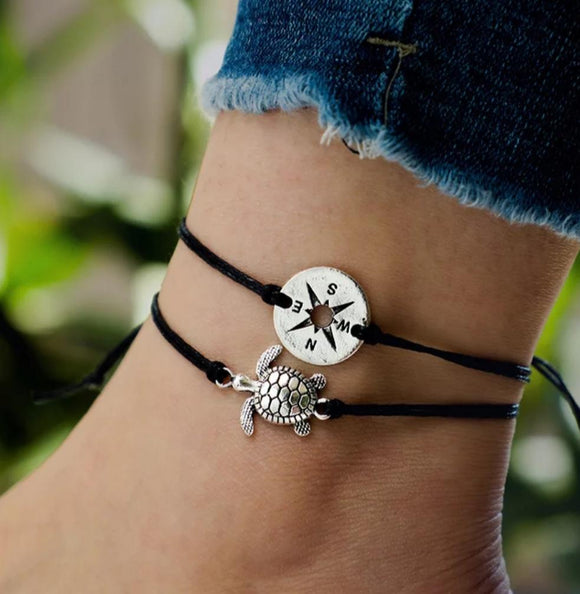 black set Summer Beach Turtle Shaped Charm Rope String Anklets