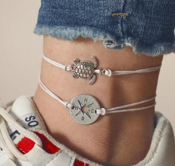 white set Summer Beach Turtle Shaped Charm Rope String Anklets