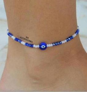 elastic blue sead beads white pearls eye anklet