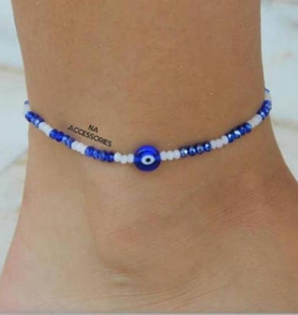 elastic blue sead beads white pearls eye anklet