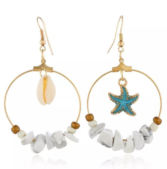 Sea Shell turquoise starfish Malachite Stone Hoop earrings