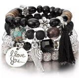 4pcs/set Fashion Multilayer Crystal Lava Stone Beads Wing Tassel Bracelets & Bangles