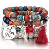 4pcs/set Fashion Multilayer Crystal Lava Stone Beads Wing Tassel Bracelets & Bangles