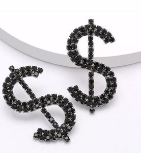 Black New Shiny Rhinestone DOLLAR Symbol Stud earrings