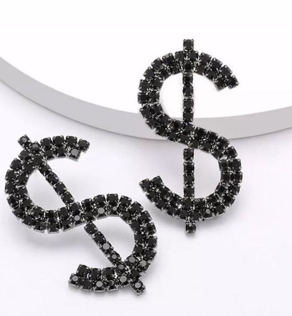 Black New Shiny Rhinestone DOLLAR Symbol Stud earrings
