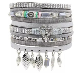 Five Layers metal leaf rhinestone magnet gray leather bracelet