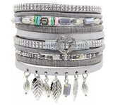 Five Layers metal leaf rhinestone magnet gray leather bracelet