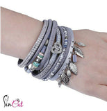 Five Layers metal leaf rhinestone magnet gray leather bracelet