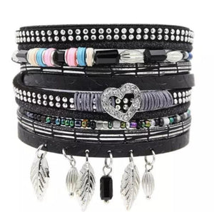 Five Layers metal leaf rhinestone magnet black leather bracelet