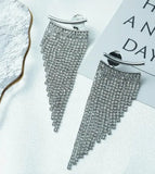 Fashion statement long tassel silver crystal drop earrings