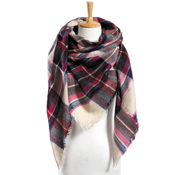 pink plaid warm winter triangle scarf